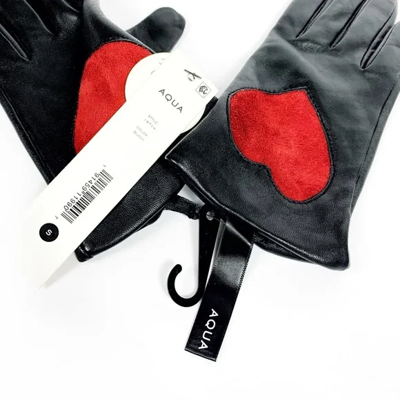 Aqua Leather Gloves w/ Red Suede Heart • Luxe Black NWT Gloves • Gift-Ready $129
